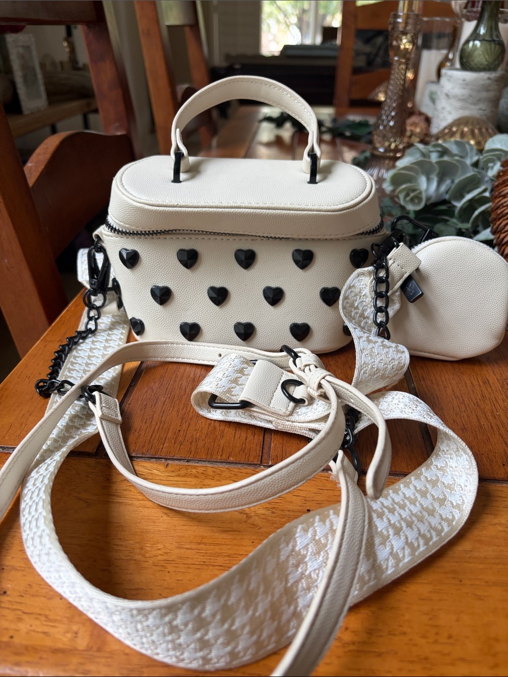 Betsey Johnson Ivory Crossbody Bag with Black Heart Studs